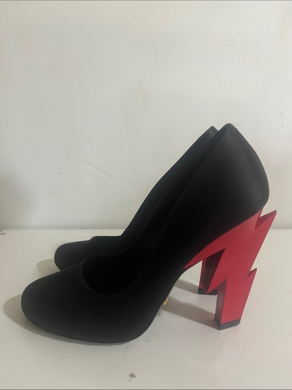 Prada Black Satin Pumps with Red Lightning Bolt Heels Women's Shoes Size 36 - Picture 6 of 9